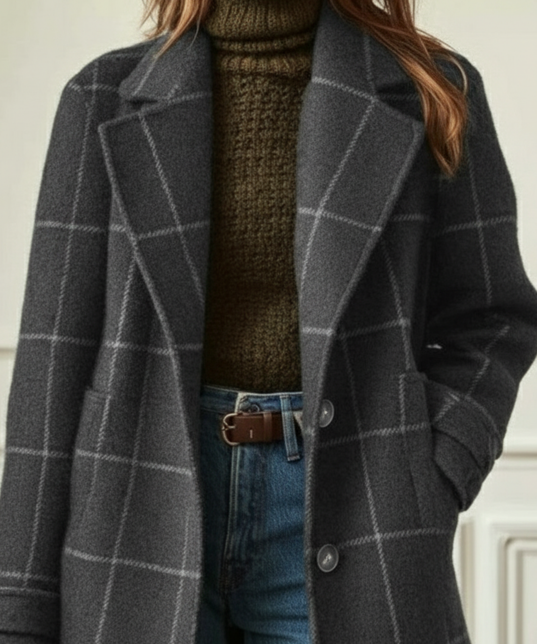 Cappotto lungo elegante da donna a quadri con abbottonatura semplice