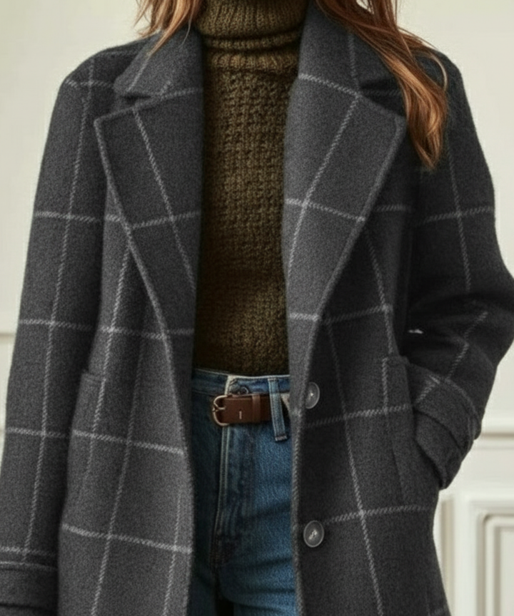 Cappotto lungo elegante da donna a quadri con abbottonatura semplice