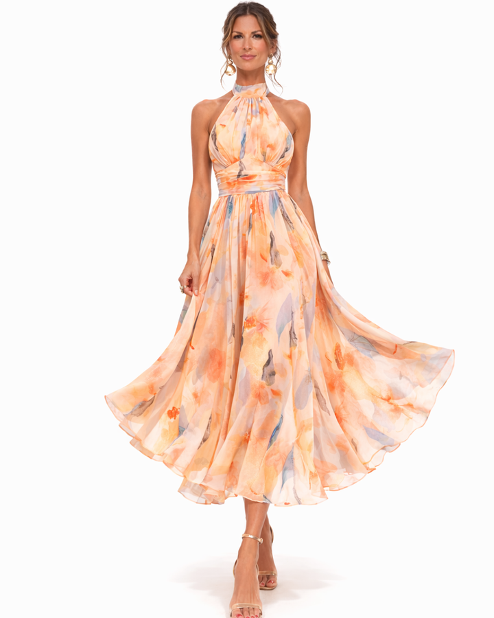 Robe maxi col halter aquarelle pour femme