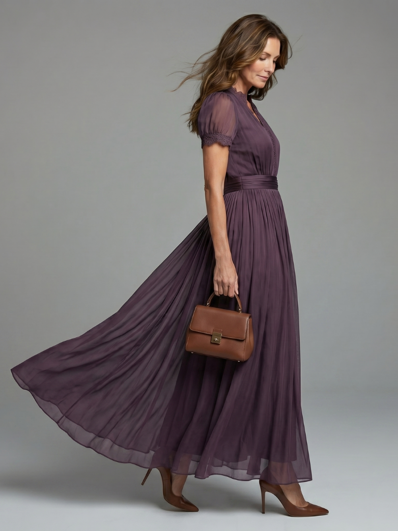 Robe Maxi Femme à Taille Froncée et Détail Goutte d’Eau
