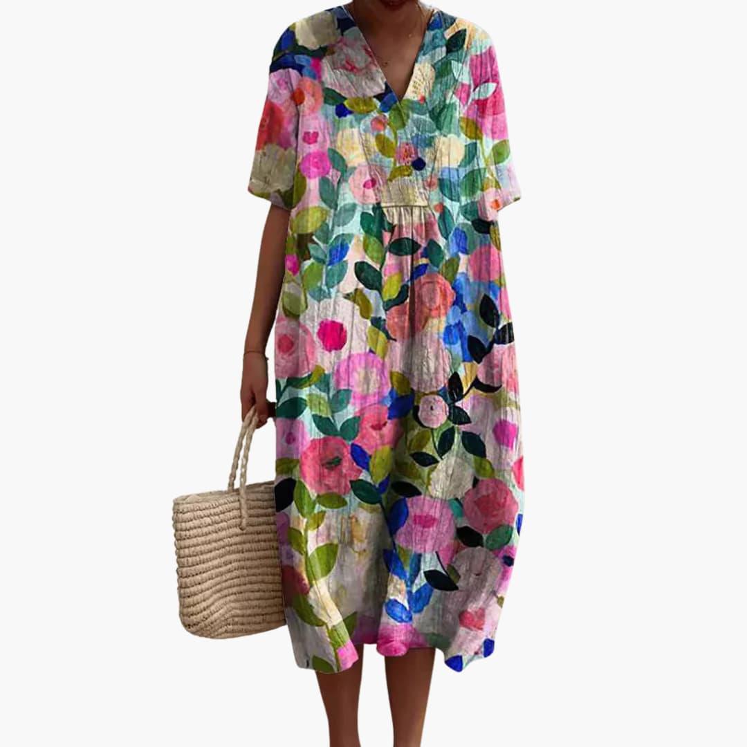 Robe Midi Femme Ample à Imprimé Floral avec Col en V