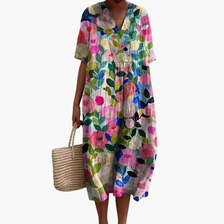 Robe Midi Femme Ample à Imprimé Floral avec Col en V