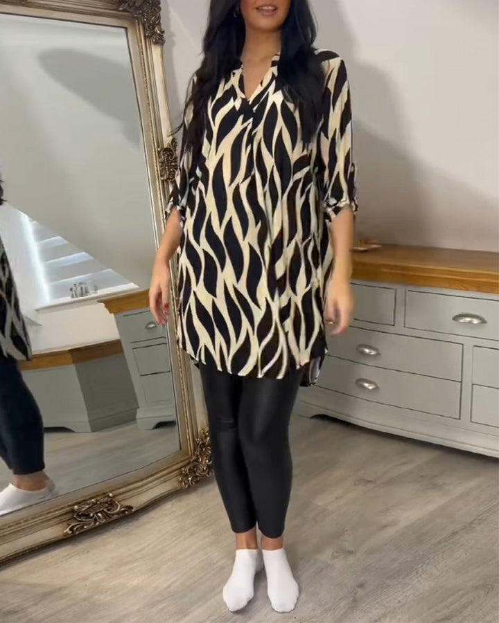 Blouse Ample Pour Femme à Col en V et Manches Trois-Quarts