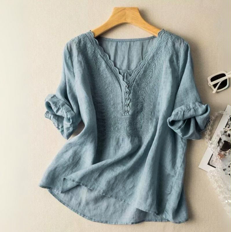 Blusa da donna ricamata con scollo a V e taglio casual