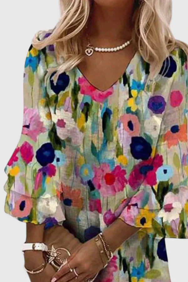 Robe Courte Femme Fleurie à Manches Évasées et Coupe Fluide