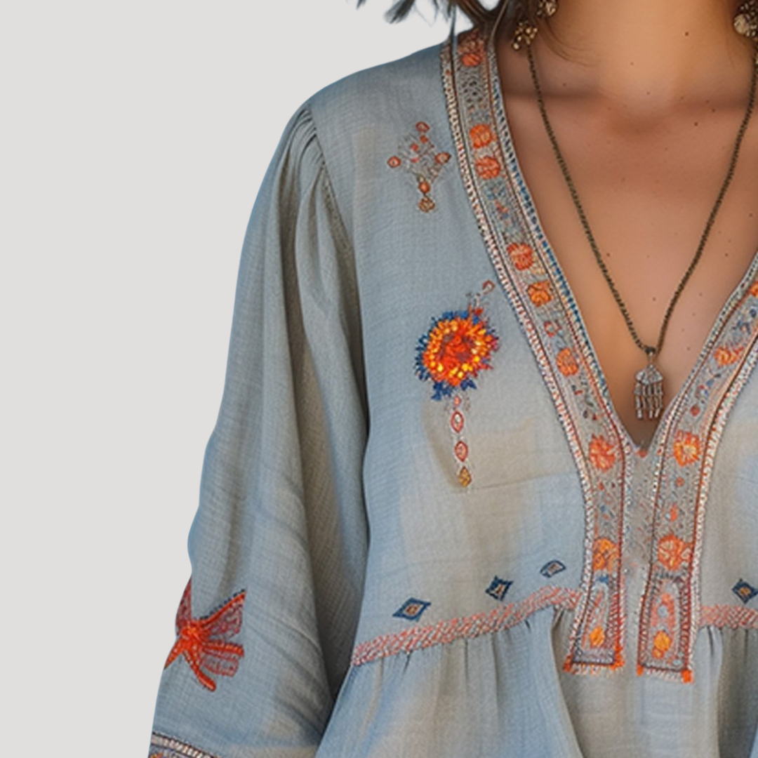 Blouse bohème femme broderie florale col V
