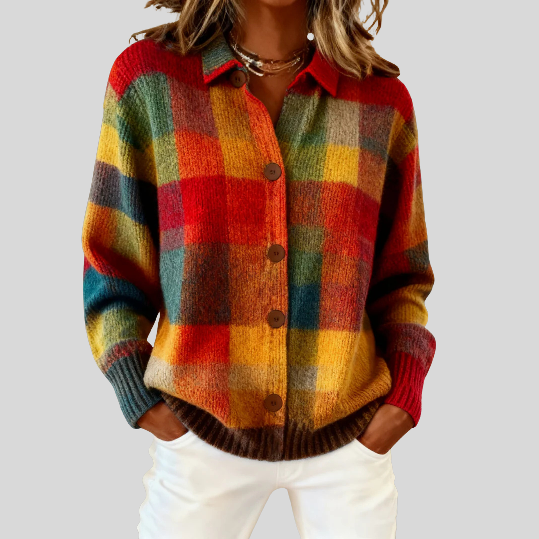Gilet à Carreaux Multicolore à Boutons Pour Femme