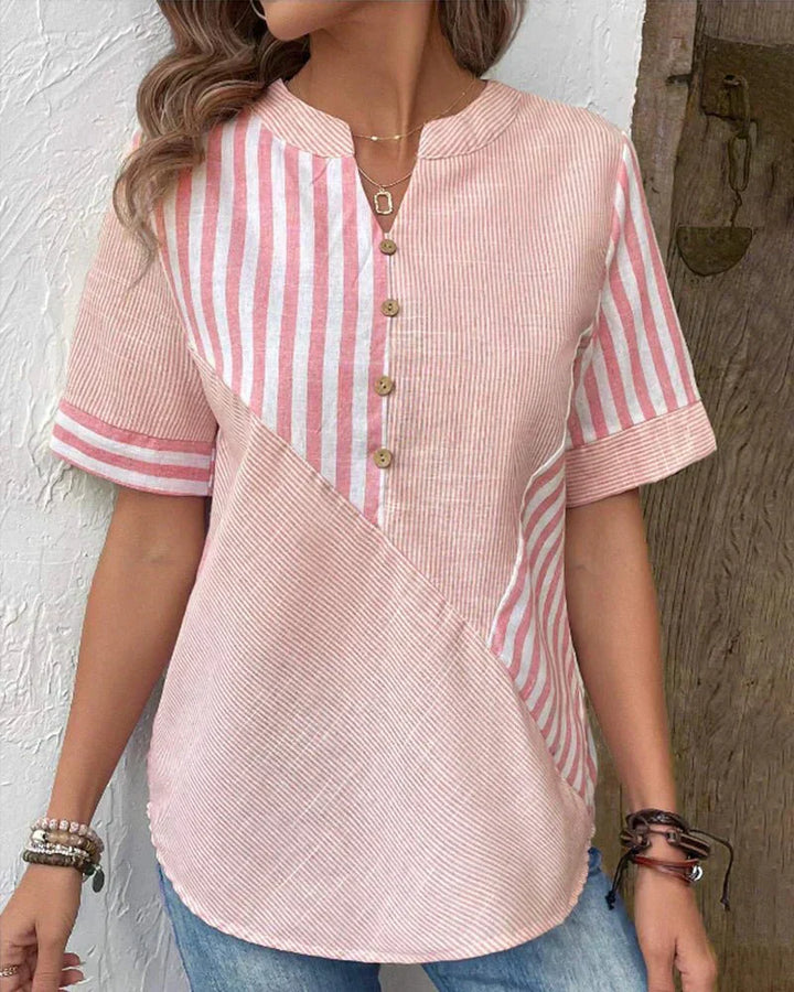 Casual Women's Blouse with Patchwork Striped Collar