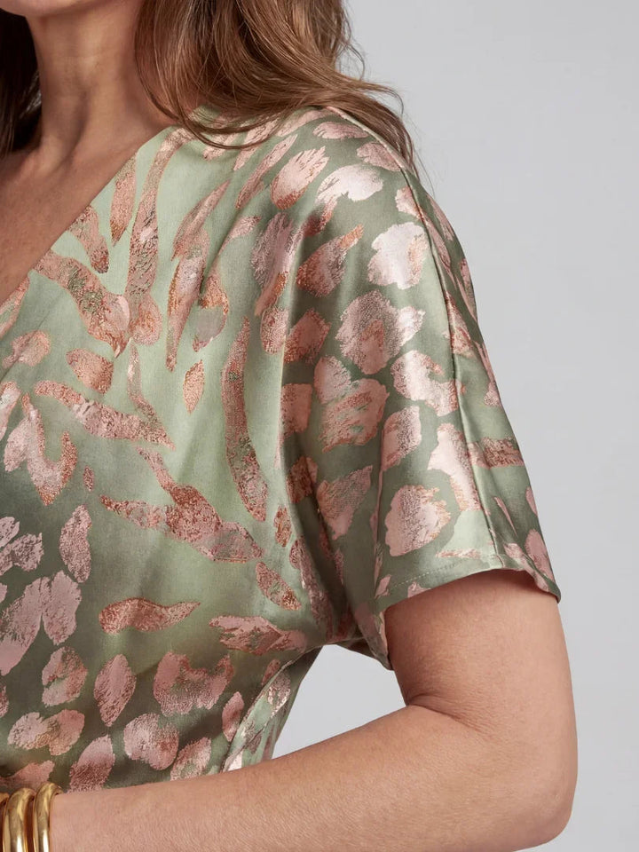 Vestito midi da donna stampato con vita drappeggiata e scollo a V