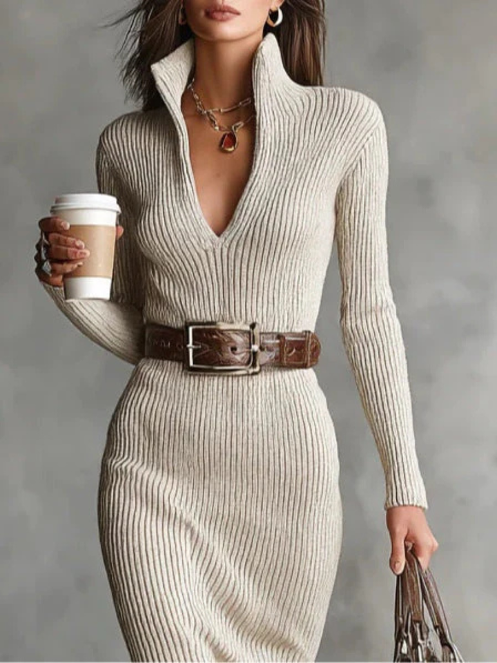 Robe Miidi en Maille Côtelée à Col en V Pour Femme