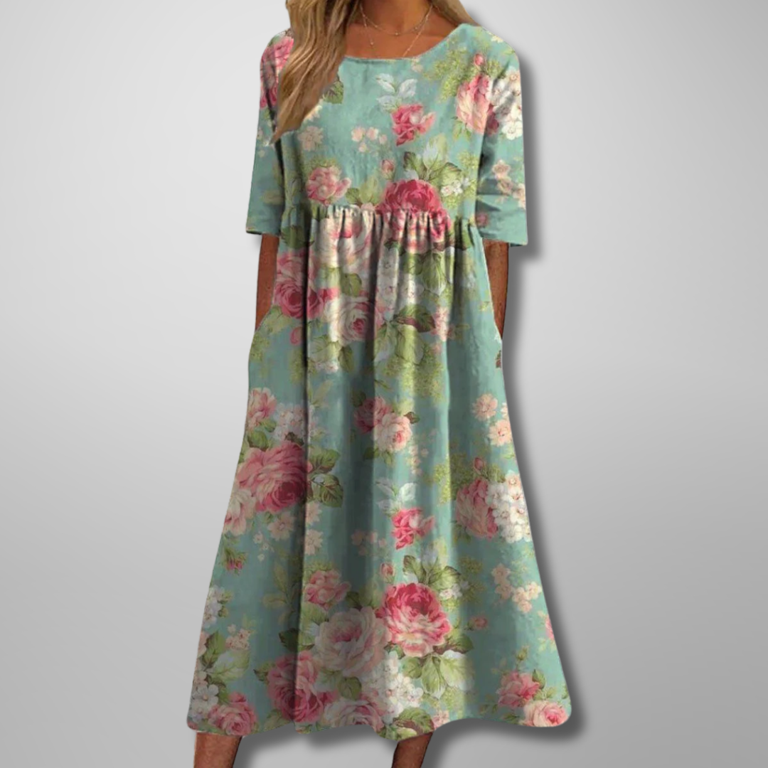Vestito midi donna floreale collo tondo maniche corte ampio