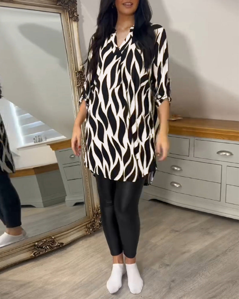 Blouse Ample Pour Femme à Col en V et Manches Trois-Quarts