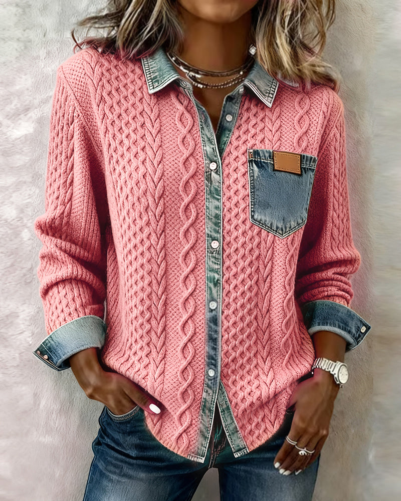Cárdigan de mujer de punto trenzado con detalles de denim