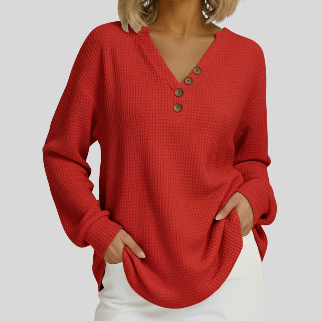 Pull Gaufré à Col en V Pour Femme