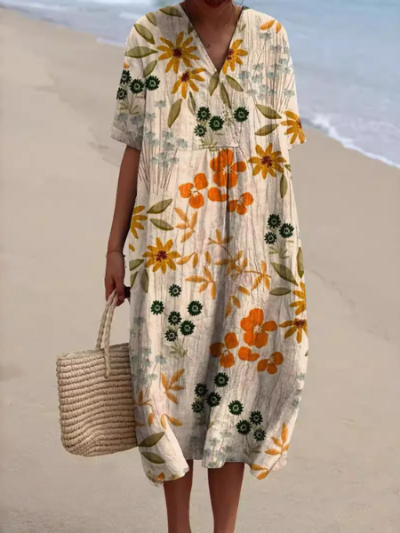 Women's Floral Print V-Neck Summer Midi Dress