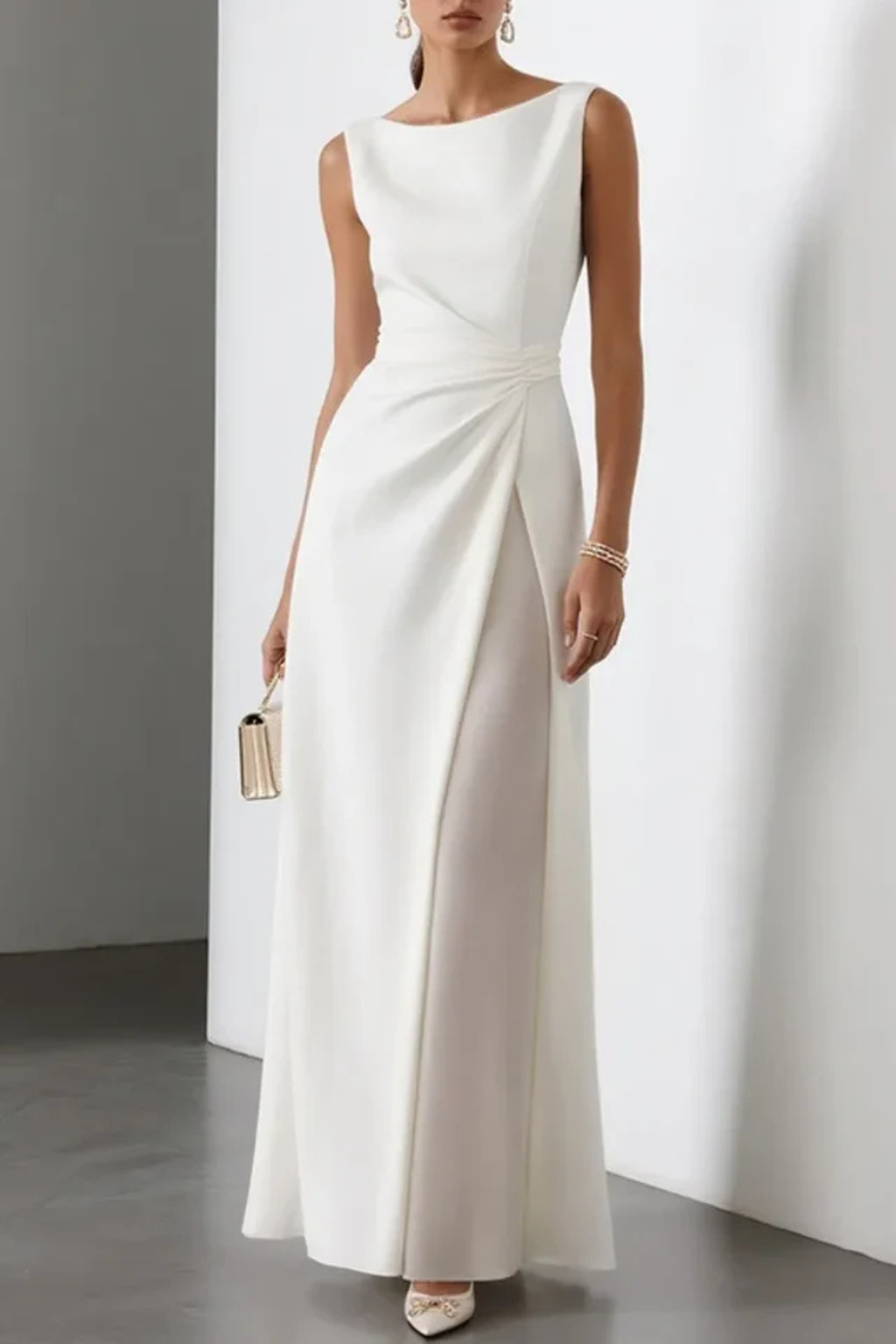 Robe Longue Élégante Femme à Fente Coupe Sophistiquée et Taille Drapée