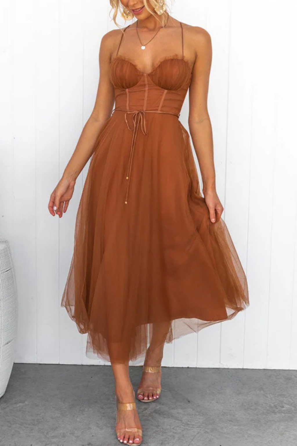 Robe Midi Bustier en Tulle Élégante pour Femme