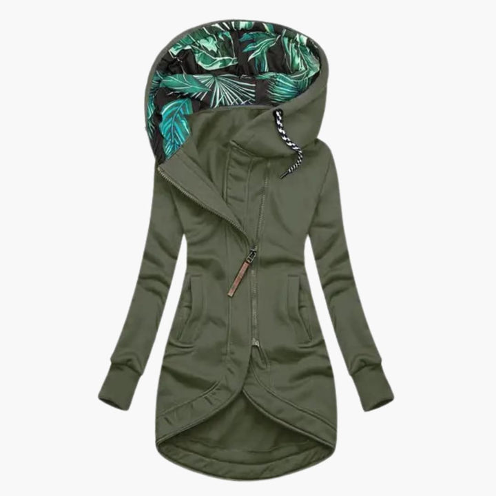 Veste Longue Femme à Capuche Imprimée et Zip Asymétrique