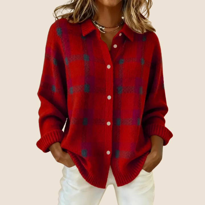Maglione a quadri abbottonato con colletto da camicia da donna