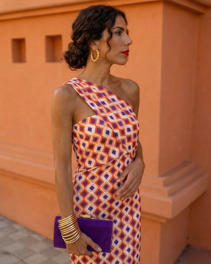 Robe Midi Asymétrique Femme Élégante à Une Épaule Imprimée