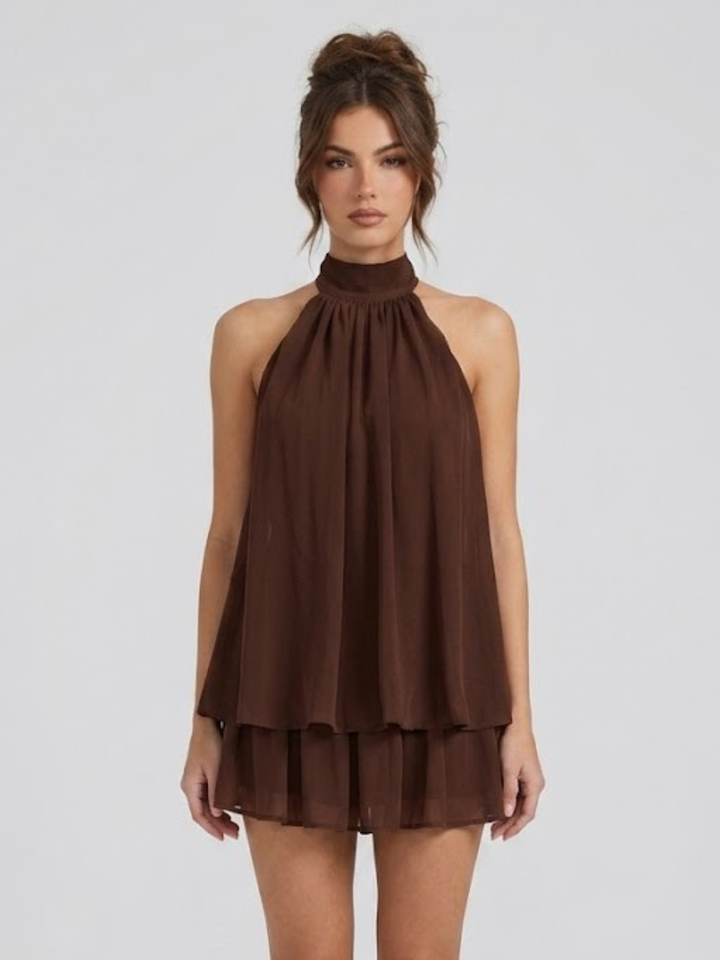 Robe courte femme dos nu col montant volants