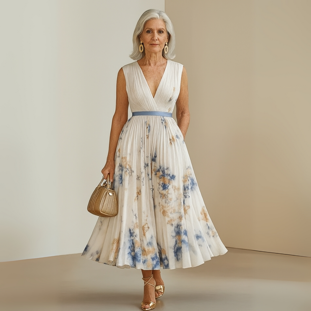 Elegantní midi květinové šaty s výstřihem do V pro ženy
