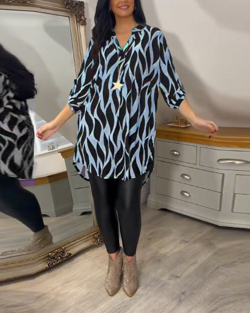Blouse Ample Pour Femme à Col en V et Manches Trois-Quarts