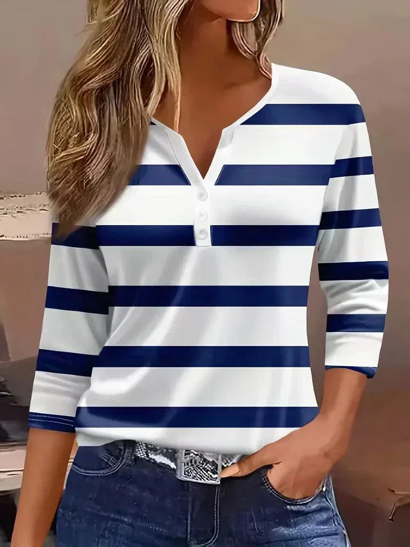 T-shirt donna a righe con scollo a V, bottoni e maniche 3/4, stile casual