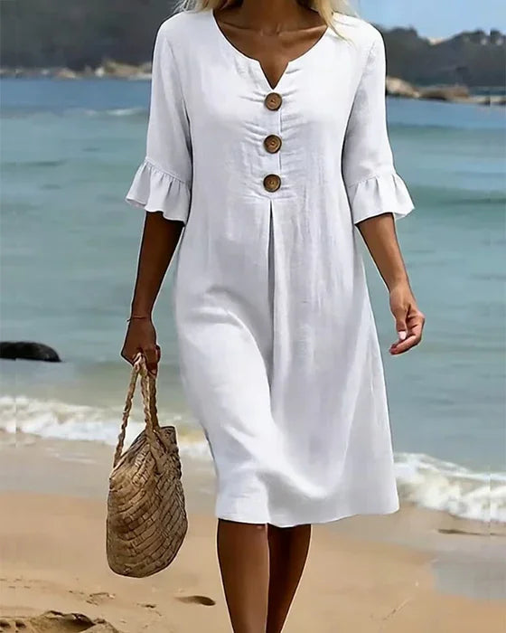Robe Courte Décontractée à Boutons Décoratifs et Manches Volantées pour Femme