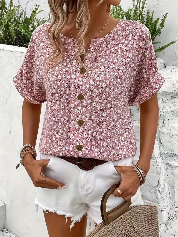 Chemisier Femme Fleuri à Boutons et Manches Courtes