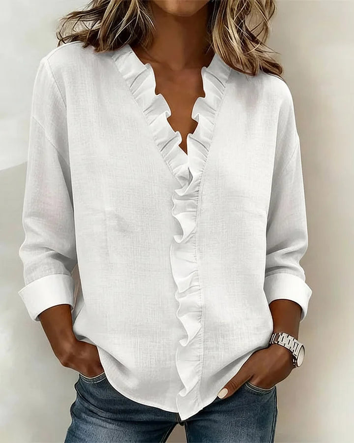 Blouse femme col V volants manches longues