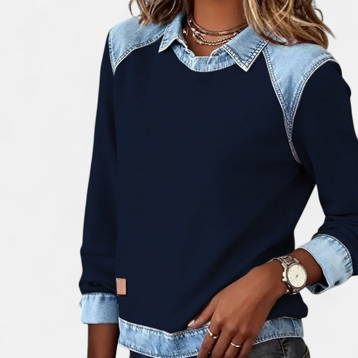 Suéter para mujer con efecto superpuesto, cuello y mangas largas