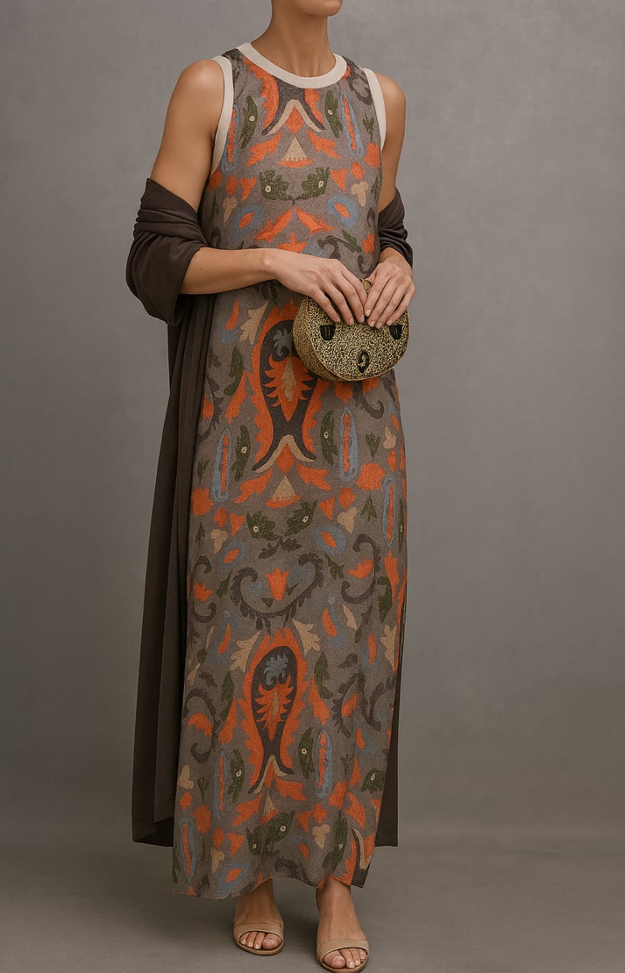 Completo Donna 2 Pezzi Abito Lungo Stampato e Cardigan Lungo Coordinato