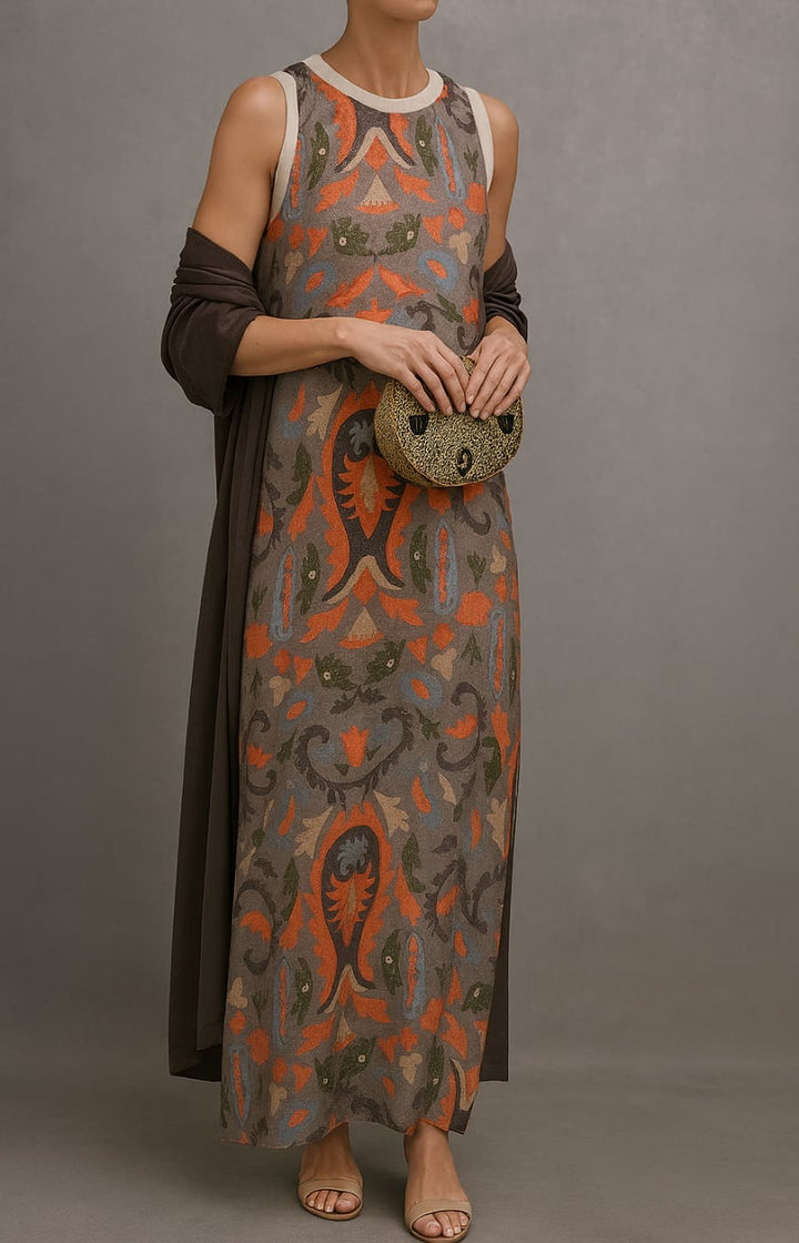 Completo Donna 2 Pezzi Abito Lungo Stampato e Cardigan Lungo Coordinato