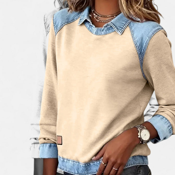 Suéter para mujer con efecto superpuesto, cuello y mangas largas