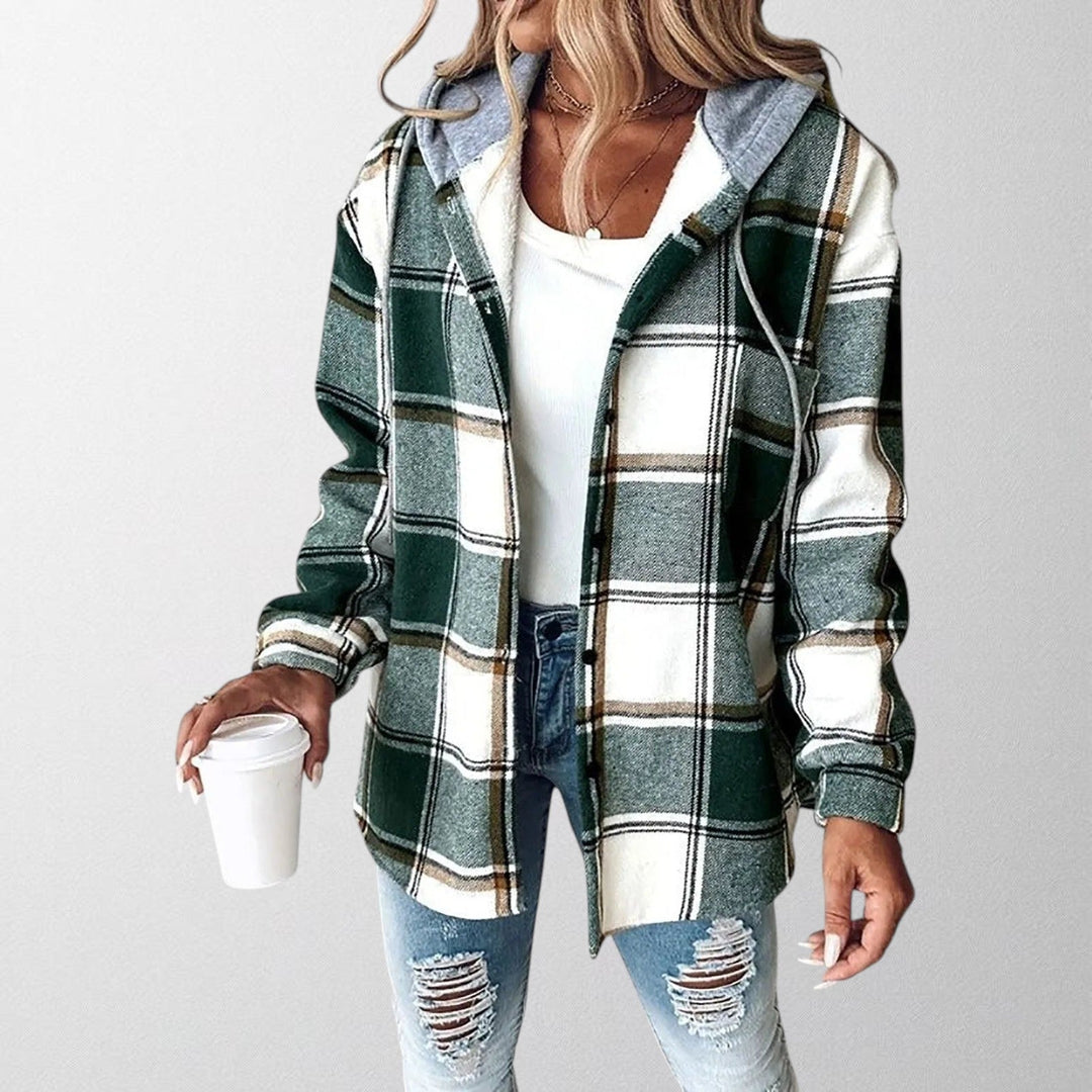 Giacca a quadri da donna con cappuccio e cerniera vertikale
