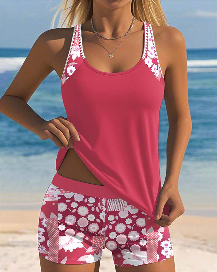 Volný tankini set s potiskem a šortkami pro ženy