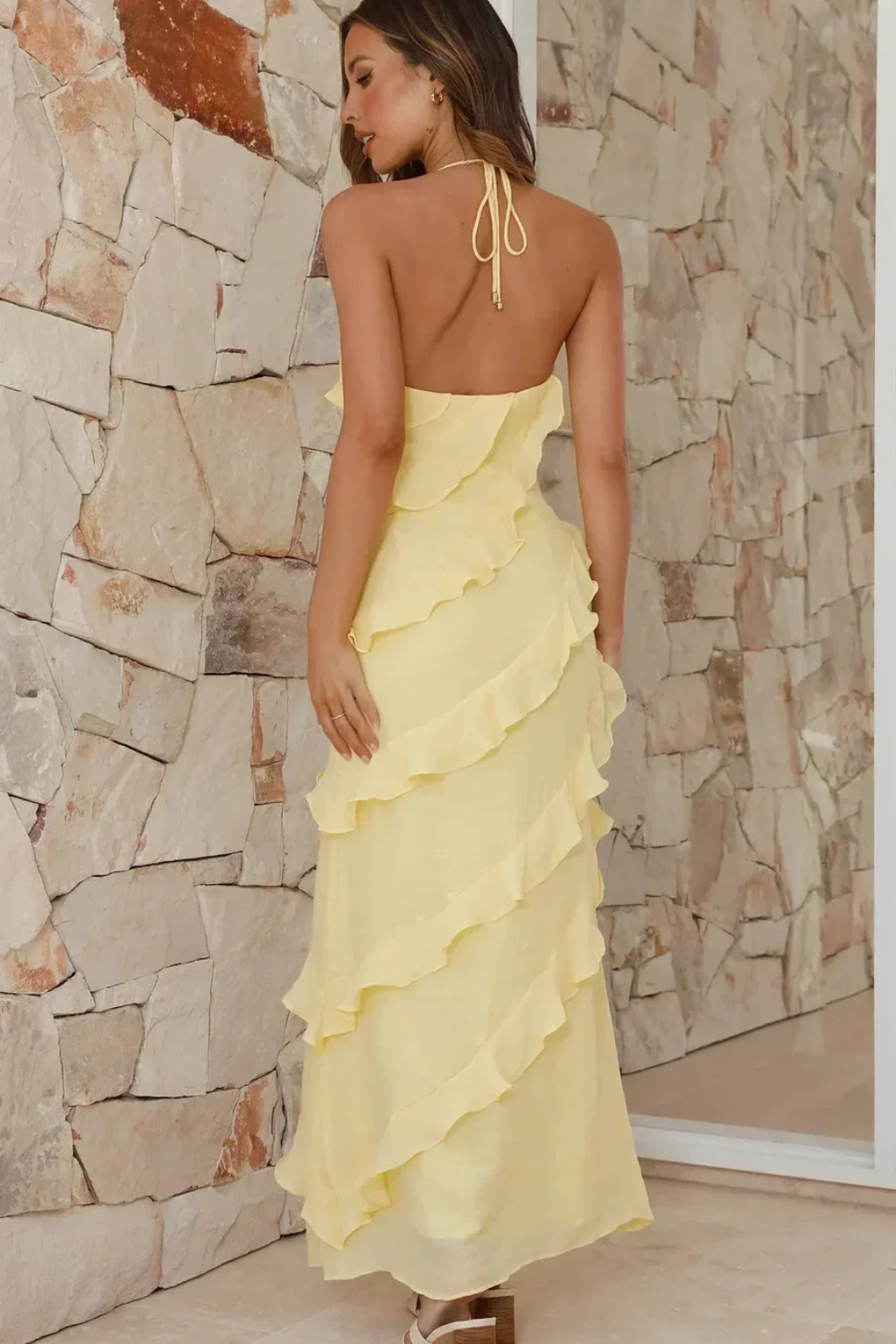 Robe Longue Volants Femme à Bretelles Maxi Élégante et Féminine