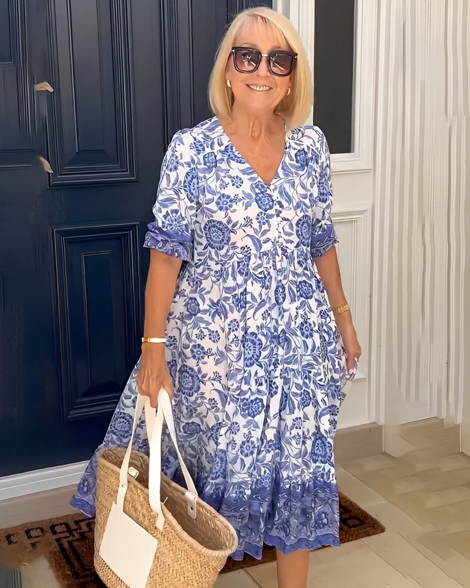 Abito midi da donna con scollo a V e motivo floreale