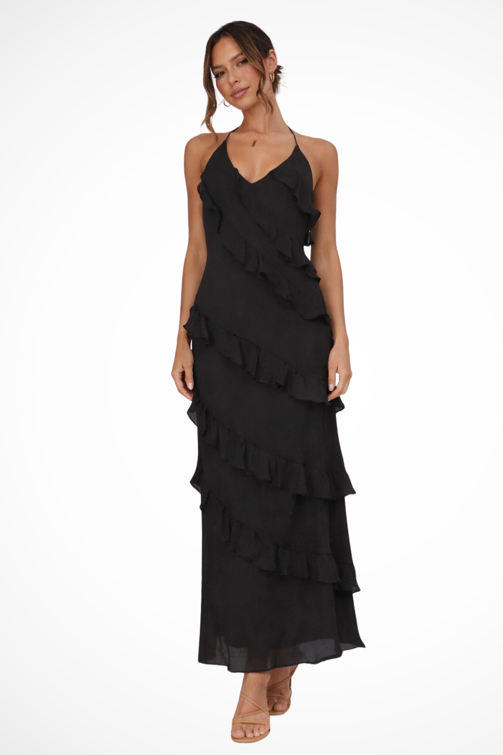 Robe Longue Volants Femme à Bretelles Maxi Élégante et Féminine
