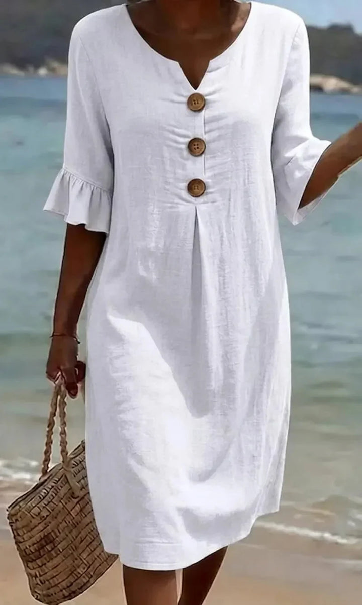 Robe Courte Décontractée à Boutons Décoratifs et Manches Volantées pour Femme