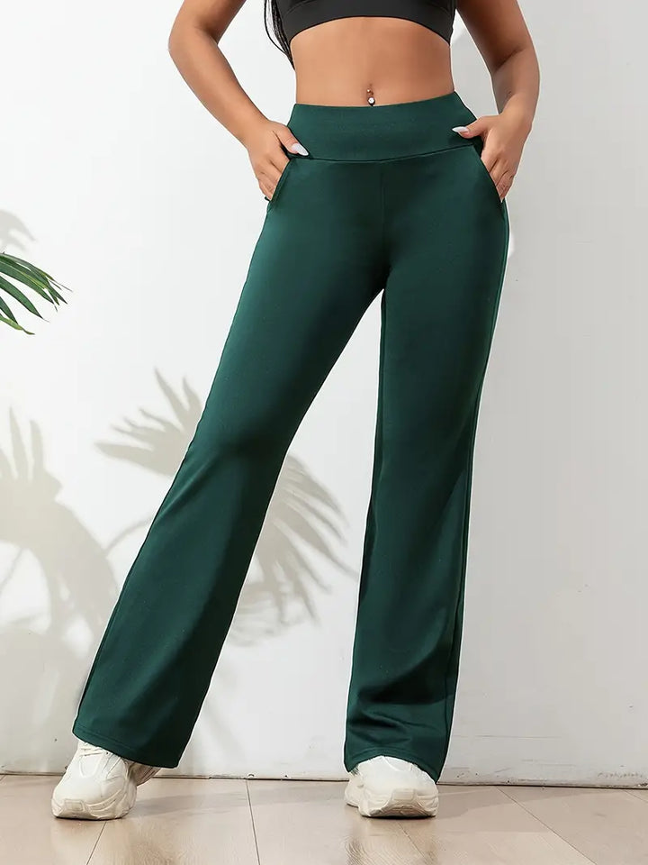 Dámské kalhoty s vysokým pasem a rozšířeným střihem, sportovní elegantní styl