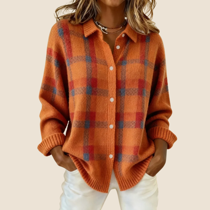 Maglione a quadri abbottonato con colletto da camicia da donna