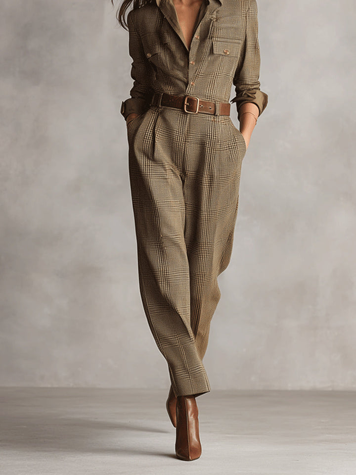 Tuta elegante da donna con pantaloni, maniche lunghe e cintura