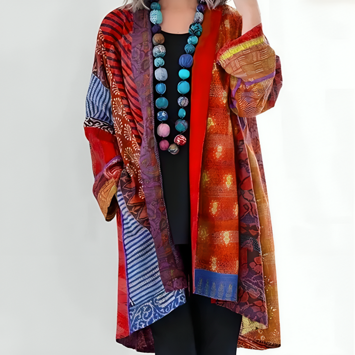 Kimono lungo bohémien da donna con stampa patchwork