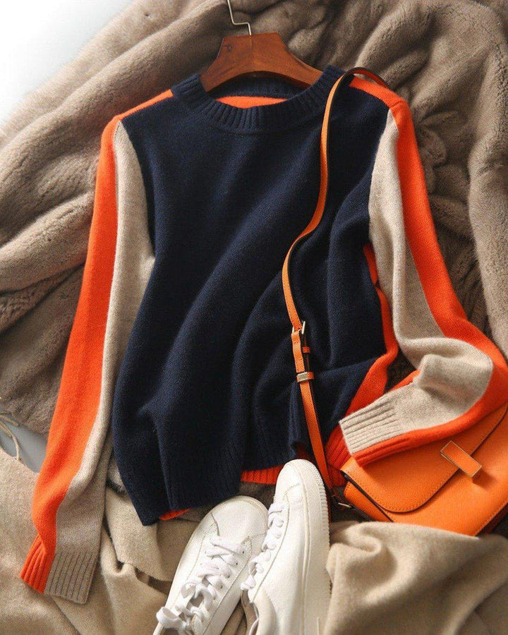 Pull Femme Color Block Col Rond et Manches Longues