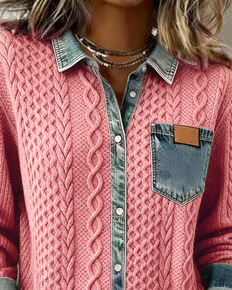 Cárdigan de mujer de punto trenzado con detalles de denim