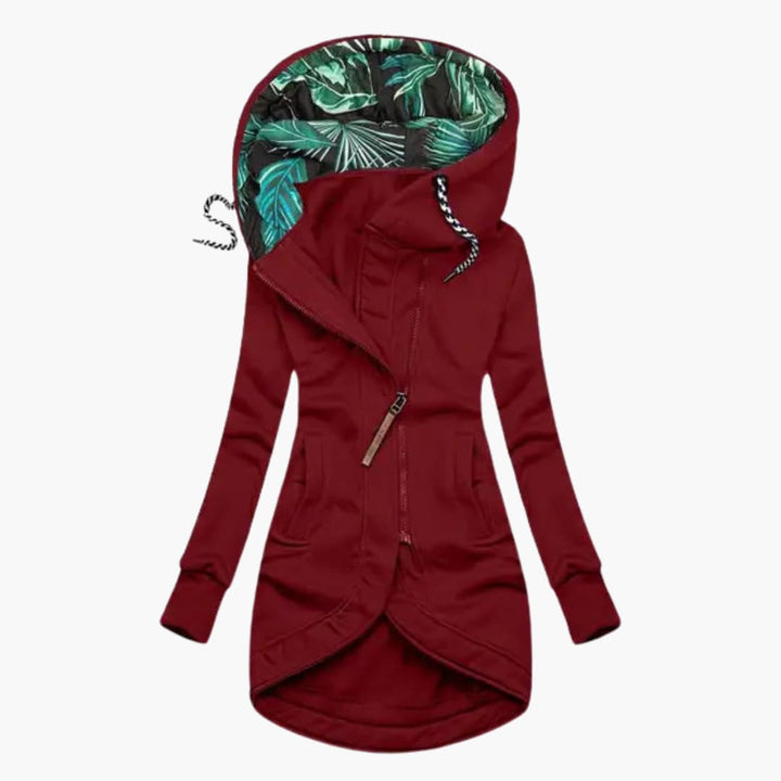Veste Longue Femme à Capuche Imprimée et Zip Asymétrique
