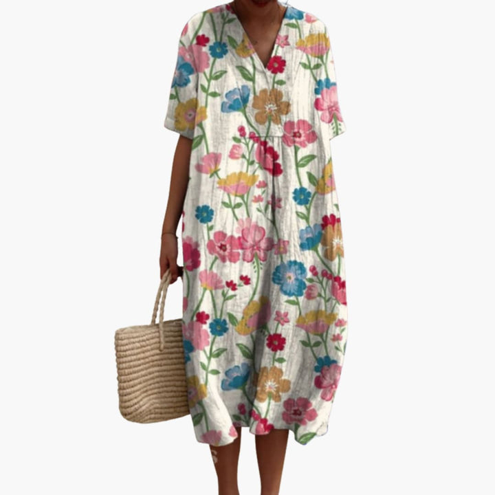 Robe Midi Femme Ample à Imprimé Floral avec Col en V