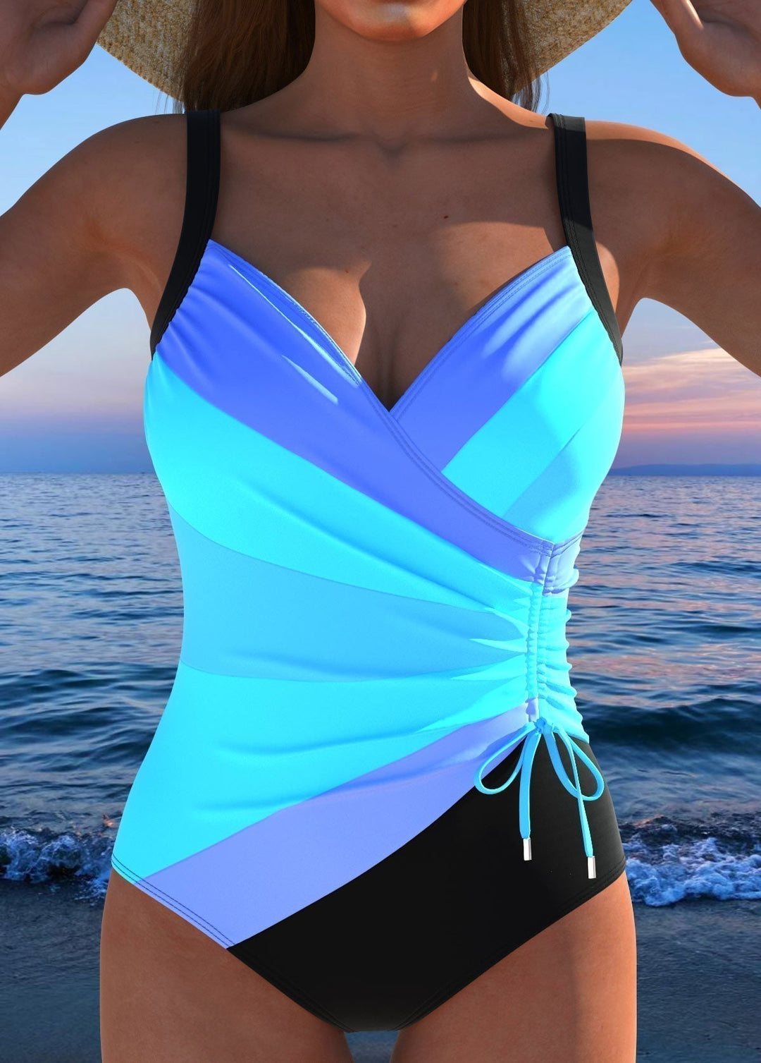 Costume da bagno intero donna modellante con stampa colorata e scollo a V incrociato